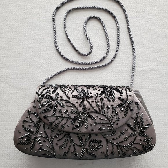 La Regale Handbags - La Regale Formal Beaded Purse Gray Satin
